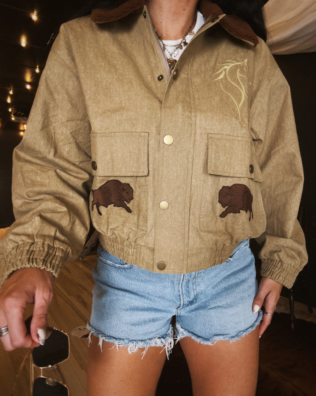 Out West Sherpa Denim Jacket - Olive