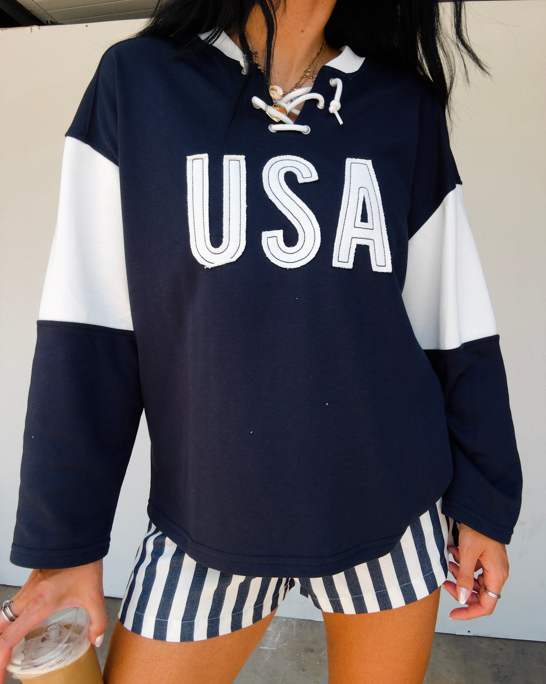 USA Colorblock Long Sleeve Top - Navy/White