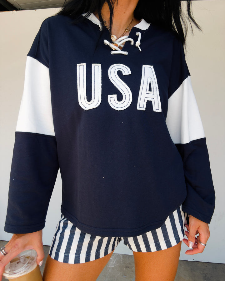 USA Colorblock Long Sleeve Top - Navy/White