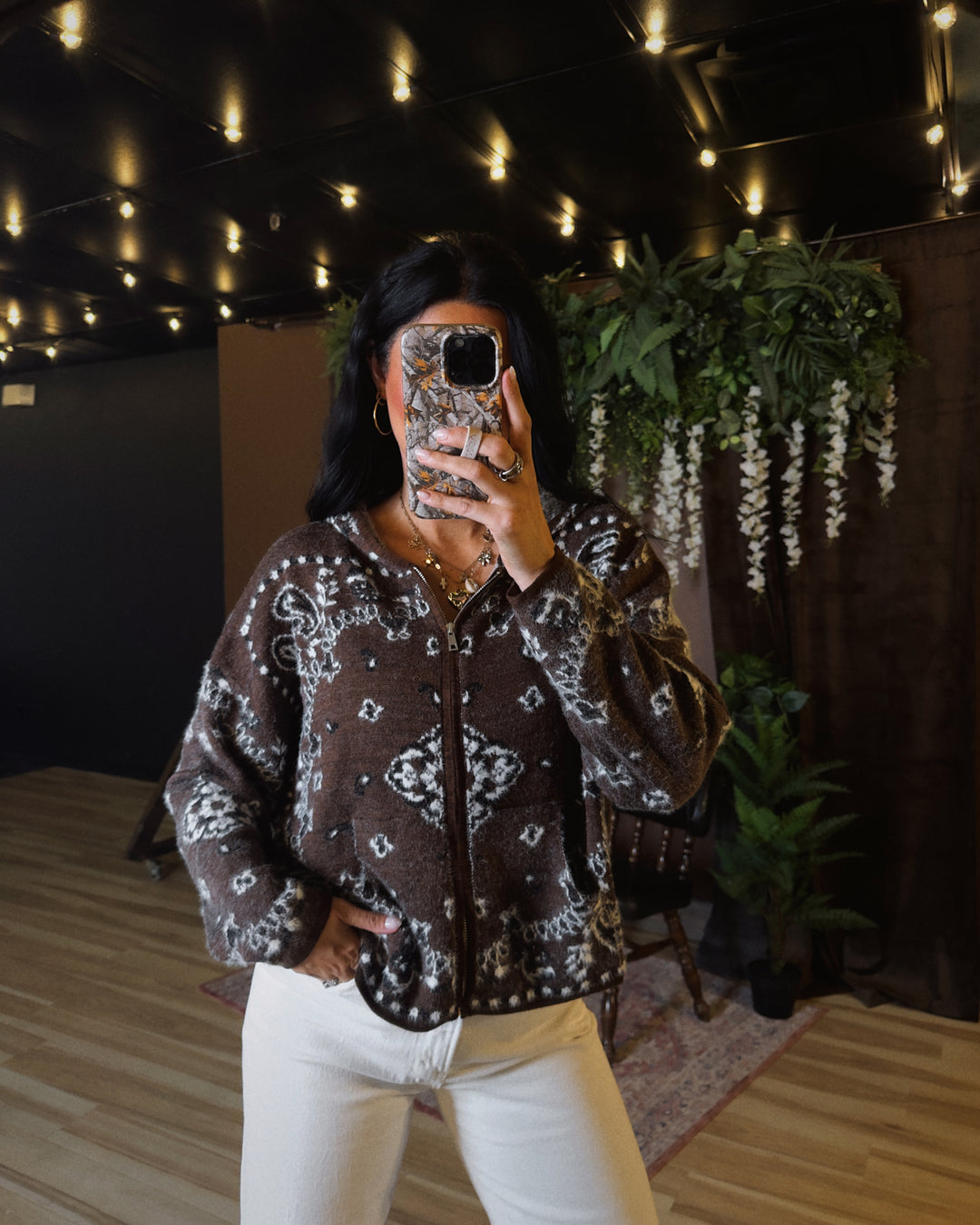 Western Sky Bandana Zip Cardigan - Brown