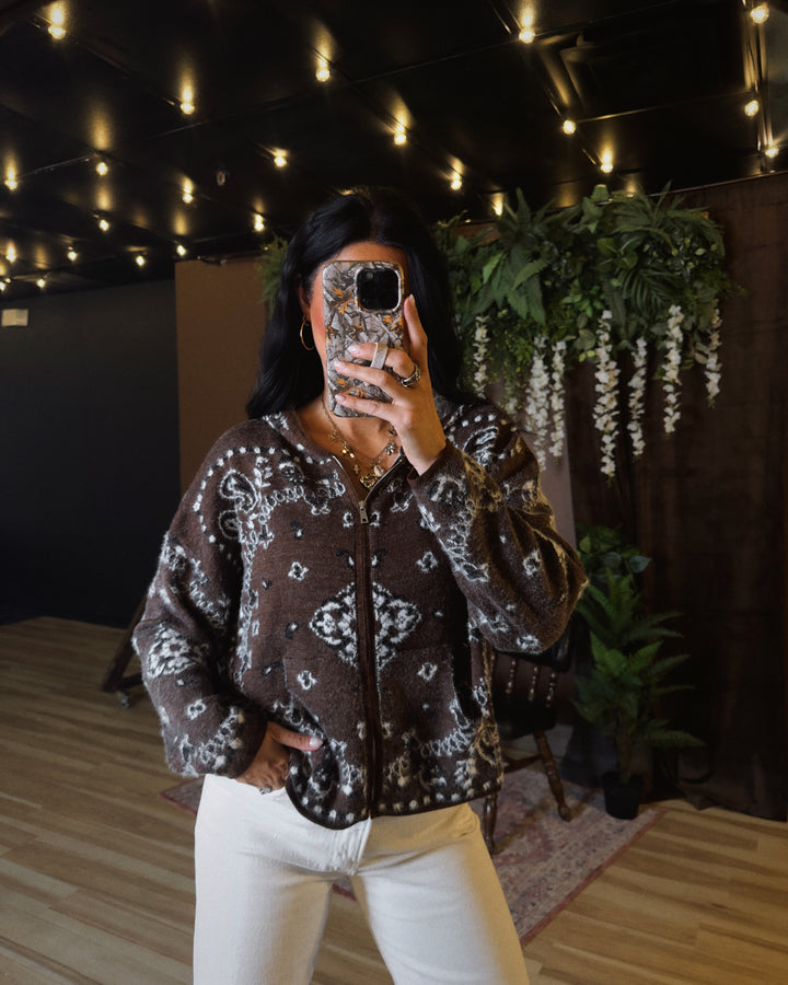 Western Sky Bandana Zip Cardigan - Brown