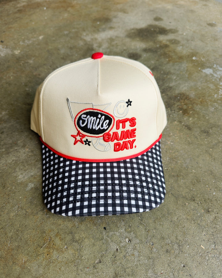 Smile, It’s Game Day Hat - Cream/Black Gingham