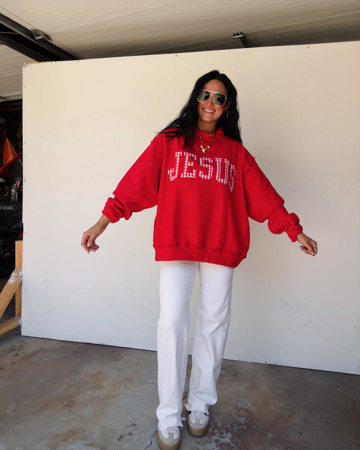 Jesus Gingham Mock Neck Sweatshirt - Red