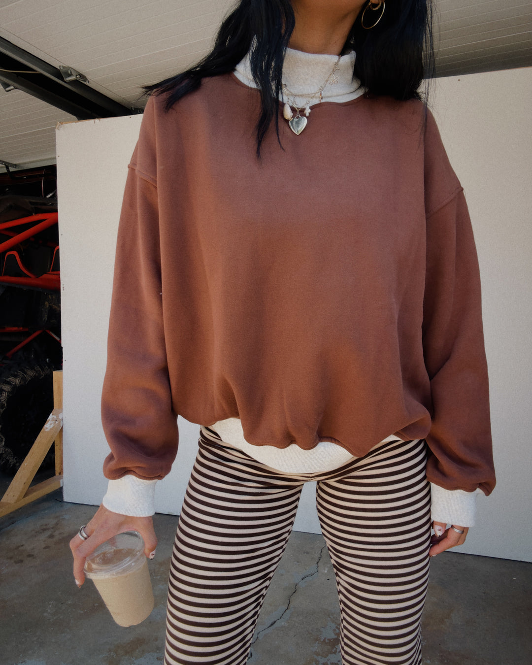 Two-Tone Mock Neck Sweatshirt - Brown/Grey