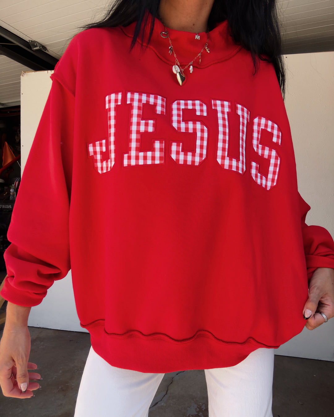 Jesus Gingham Mock Neck Sweatshirt - Red
