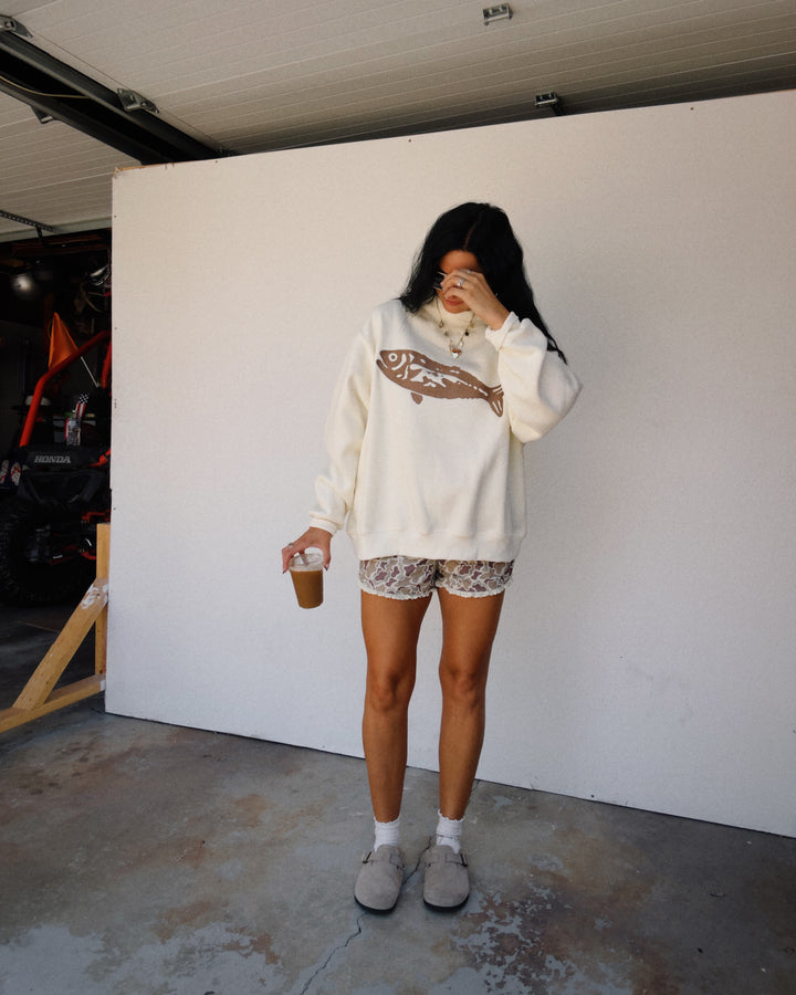 Fish Embroidered Mock Neck Sweatshirt - Cream