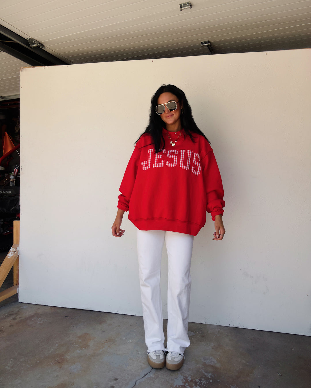 Jesus Gingham Mock Neck Sweatshirt - Red