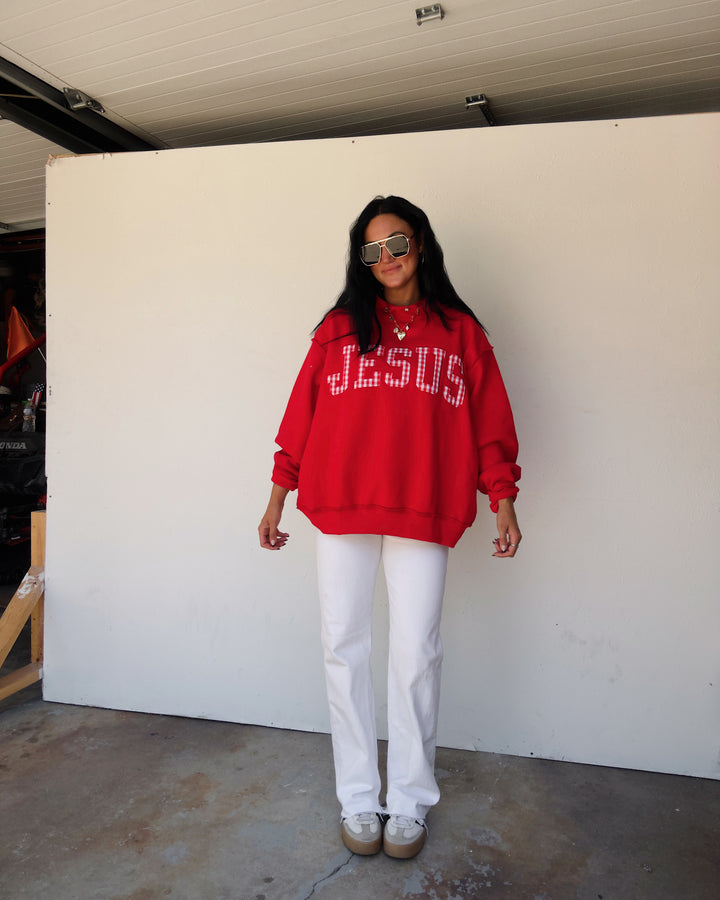Jesus Gingham Mock Neck Sweatshirt - Red