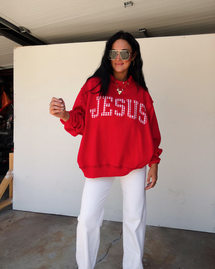 Jesus Gingham Mock Neck Sweatshirt - Red