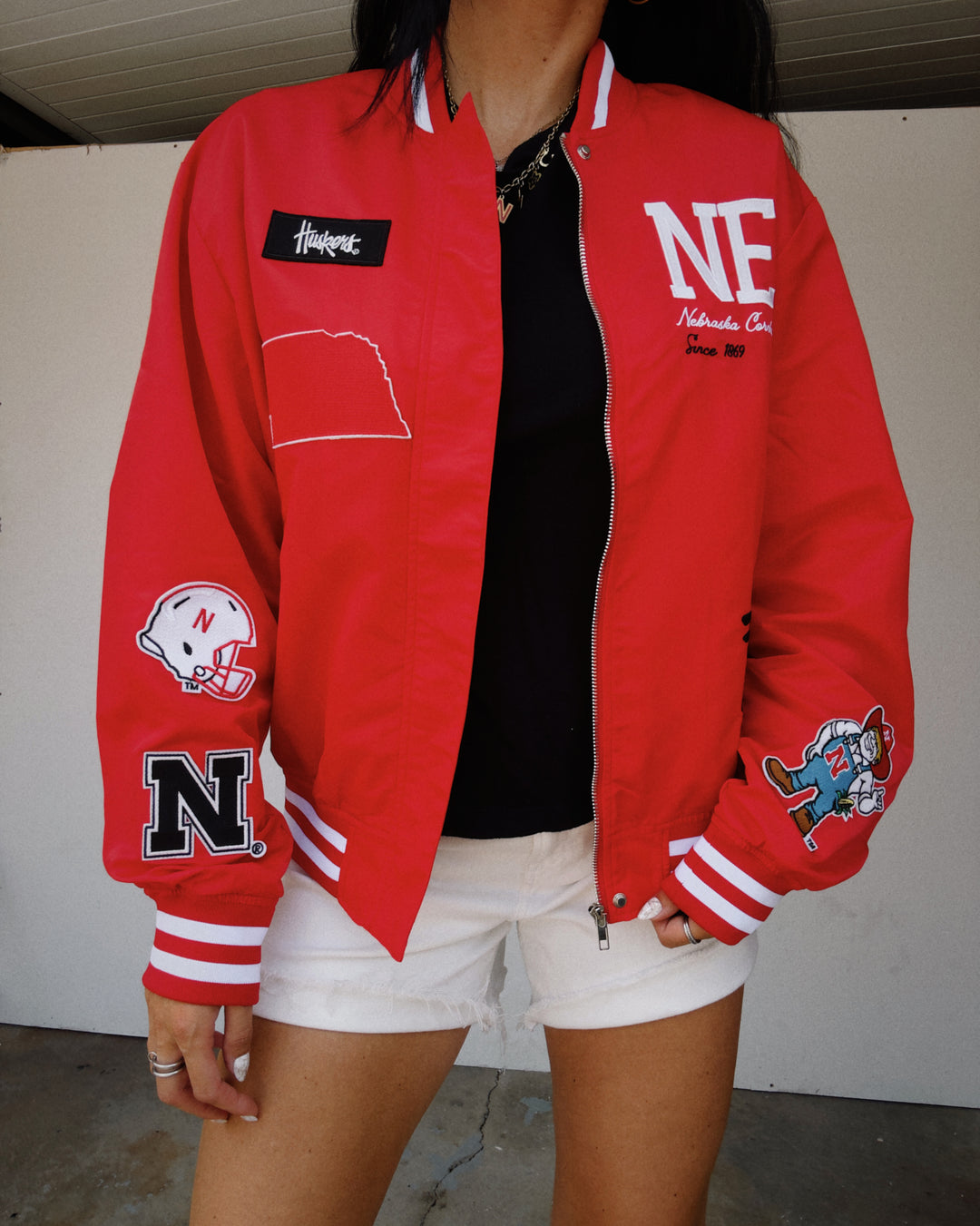 NE Embroidered Patch Jacket - Red