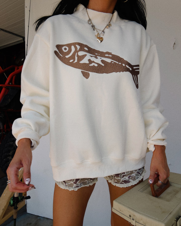 Fish Embroidered Mock Neck Sweatshirt - Cream