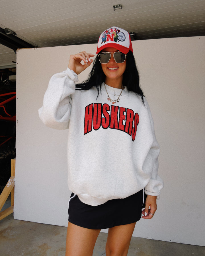 Polka Dot Huskers Mock Neck Sweatshirt - Ash