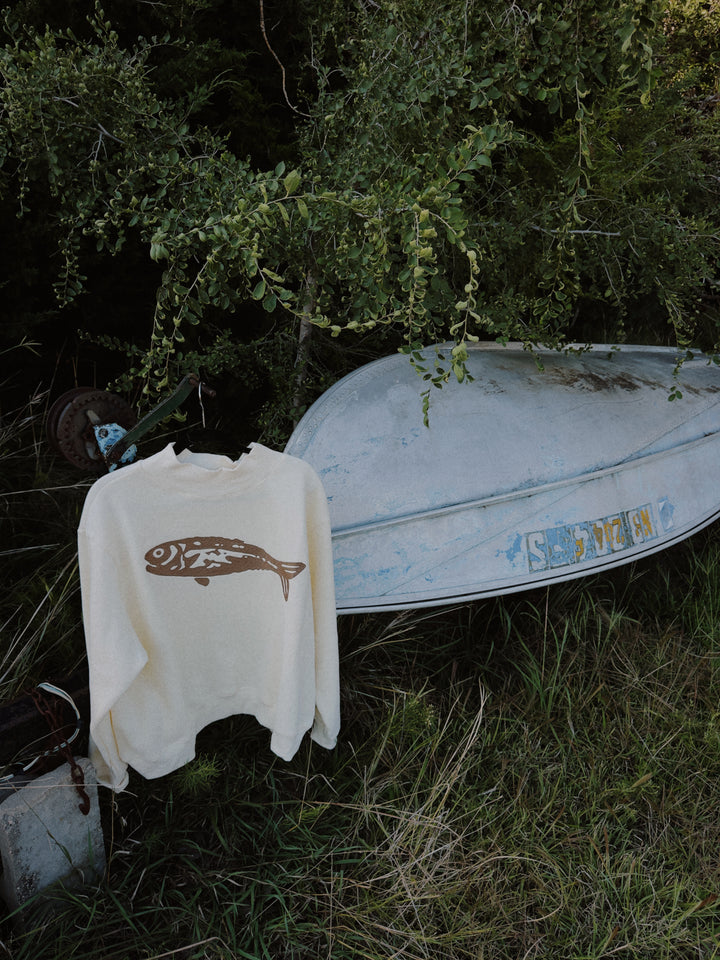 Fish Embroidered Mock Neck Sweatshirt - Cream