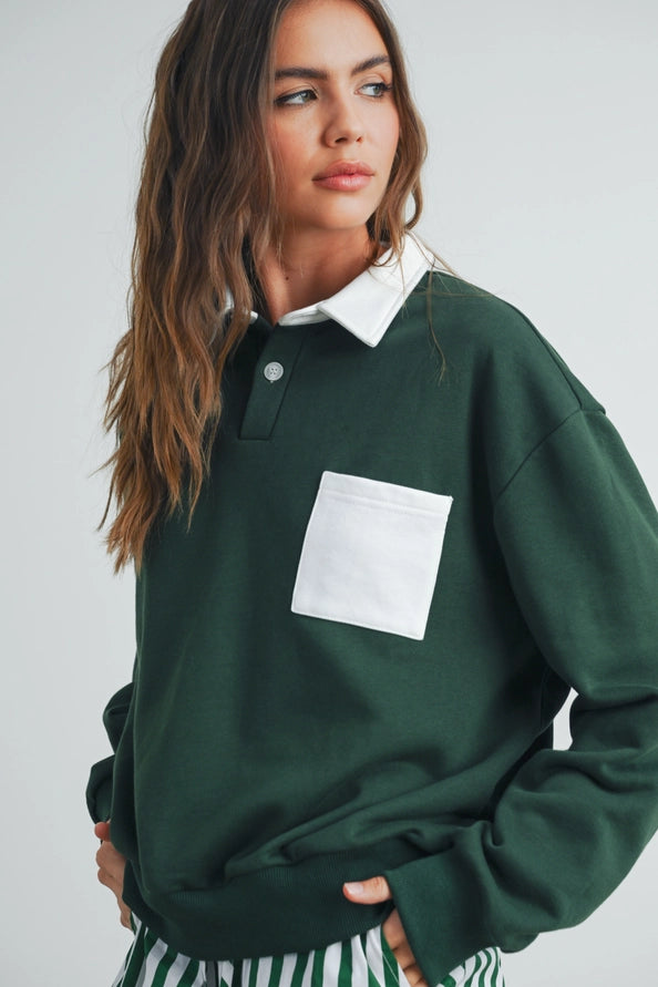 Two-Tone Polo Pullover - Green/Ivory